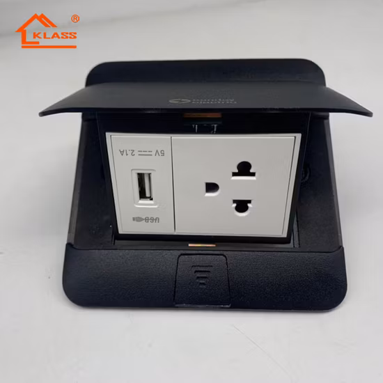 工場供給アルミニウム シルバー パネル ポップアップ フロア ソケット 13A 英国標準電源コンセント (デュアル USB 充電ポート付き)