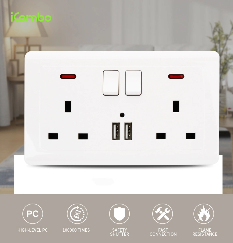 Dual Switched 13A Wall Power Socket with 2 USB Ports