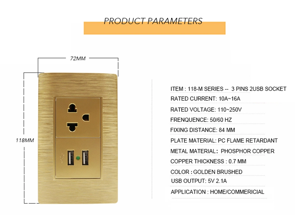 South American Dual USB Charger Port 3 Pin Multifunction Socket