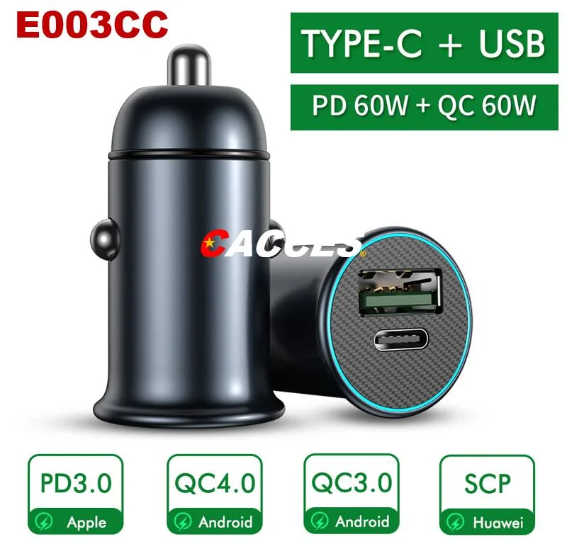 Pd 60W/30W QC3.0 Rapid Charging 12-24V 4.8A Dual Mini Super USB Car Charger All Metal Mini Flush Cigarette Lighter USB Adapter Car Phone Fast Charging Socket